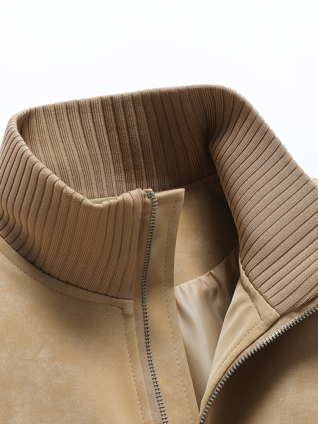 Men's Stand Collar Jacket, Windproof, Warm, Versatile, and Wear-Resistant, with Textured Finish and Precision Stitching. Loose-Fit Short Baseball Jacket Style for Daily Commuting, Streetwear, and Autumn/Winter Casual Wear. Features Ribbed Cuffs - Khaki