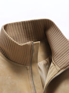 Men's Stand Collar Jacket, Windproof, Warm, Versatile, and Wear-Resistant, with Textured Finish and Precision Stitching. Loose-Fit Short Baseball Jacket Style for Daily Commuting, Streetwear, and Autumn/Winter Casual Wear. Features Ribbed Cuffs - Khaki