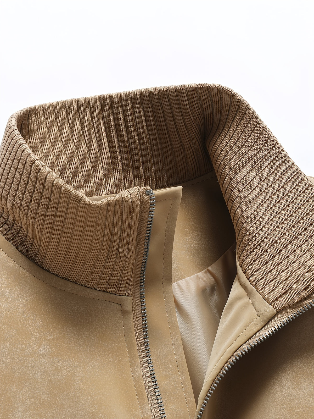 Men's Stand Collar Jacket, Windproof, Warm, Versatile, and Wear-Resistant, with Textured Finish and Precision Stitching. Loose-Fit Short Baseball Jacket Style for Daily Commuting, Streetwear, and Autumn/Winter Casual Wear. Features Ribbed Cuffs - Khaki