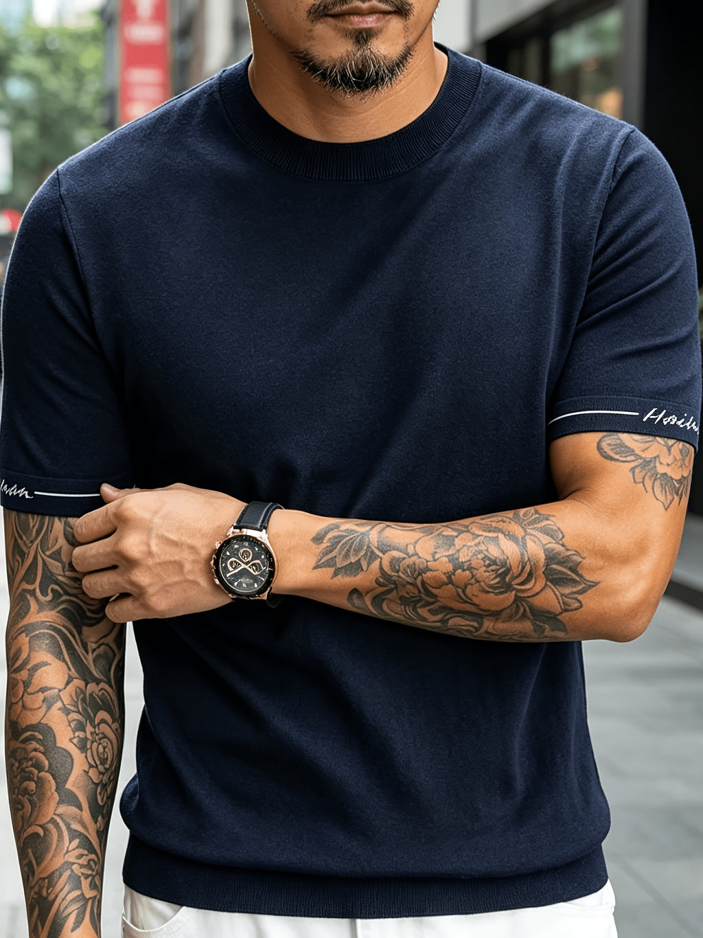 Men' Summer Short-Sleeve Knit Shirt with White-Trimmed Cuff - Stretchable Round Neck -Compatible Suitable for Urban Streetwear & Business Casual, Solid Color Multi-Color Tunic Top for Commuting and Office Wear - Dark Blue