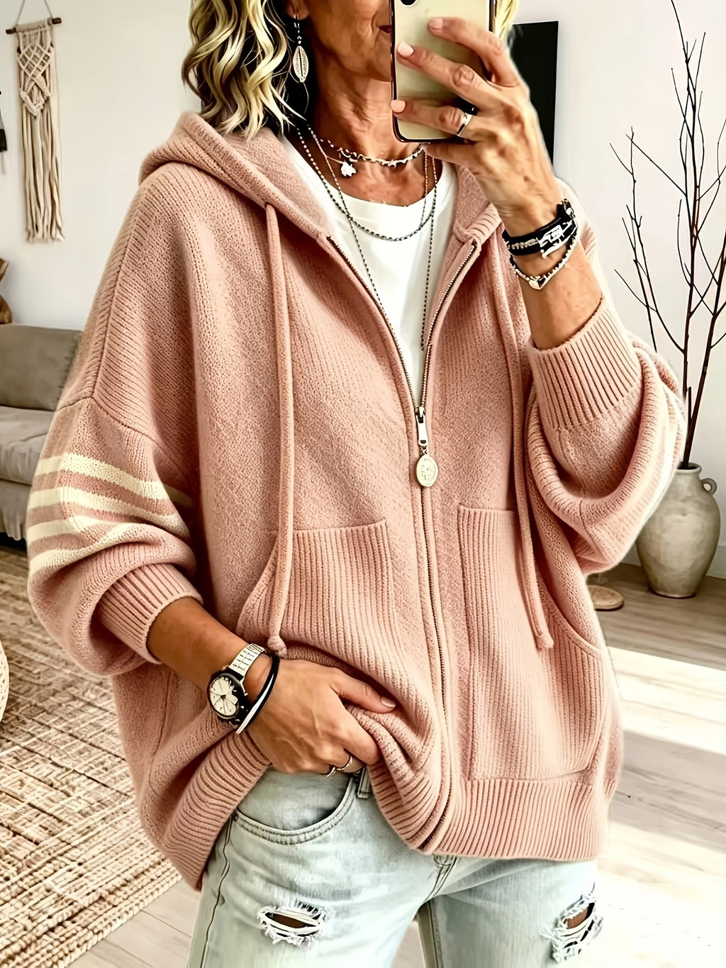 Plus Size - Women'S Casual Hooded Sweater Jacket with Zipper, Loose Fit Women'S Sweater Jacket, Suitable for Women with Beautiful Curves in Autumn And Winter, Suitable for Casual Wear, Commuting, And Cloud-Like Style - Dark Pink