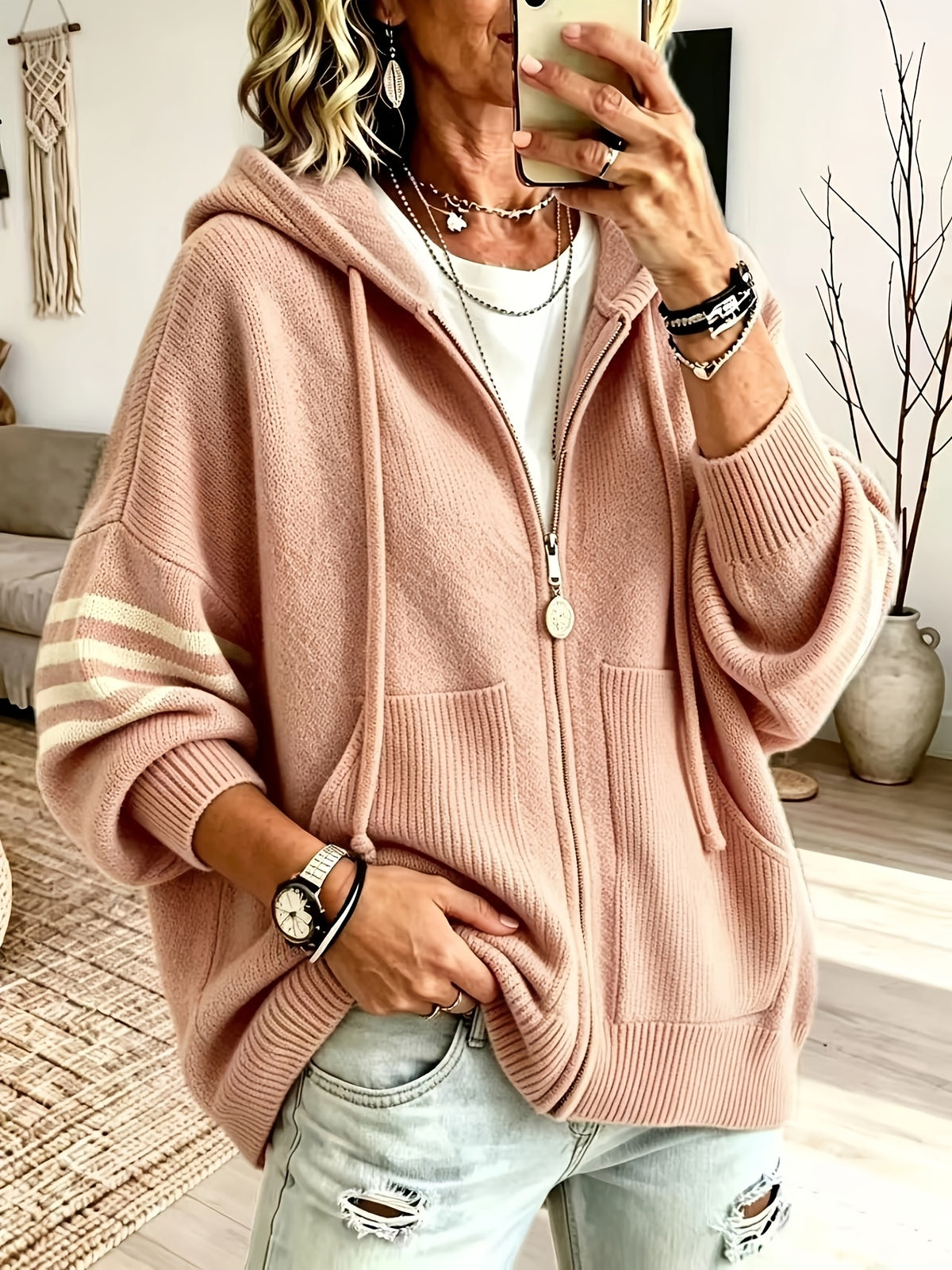 Plus Size - Women'S Casual Hooded Sweater Jacket with Zipper, Loose Fit Women'S Sweater Jacket, Suitable for Women with Beautiful Curves in Autumn And Winter, Suitable for Casual Wear, Commuting, And Cloud-Like Style - Dark Pink