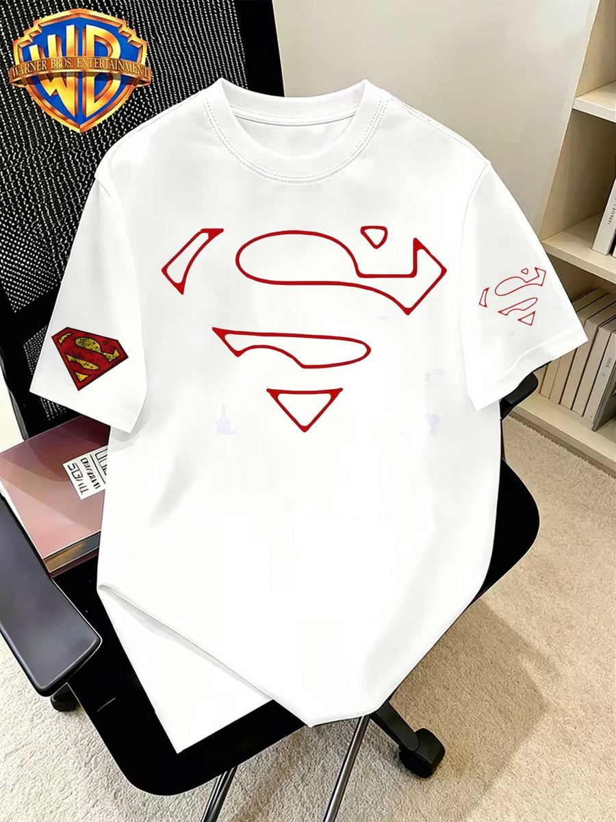 Warner Bros Official Superman Logo Print Crew Neck T-Shirt for Men, 100% Pure, Casual, Comfortable, Versatile, Loose Fit, Summer Short Sleeve T-Shirt, Suitable for Outdoor Wear, Gym, Office, and Daily Fashion, A Men's Wardrobe Essential, Unisex - White