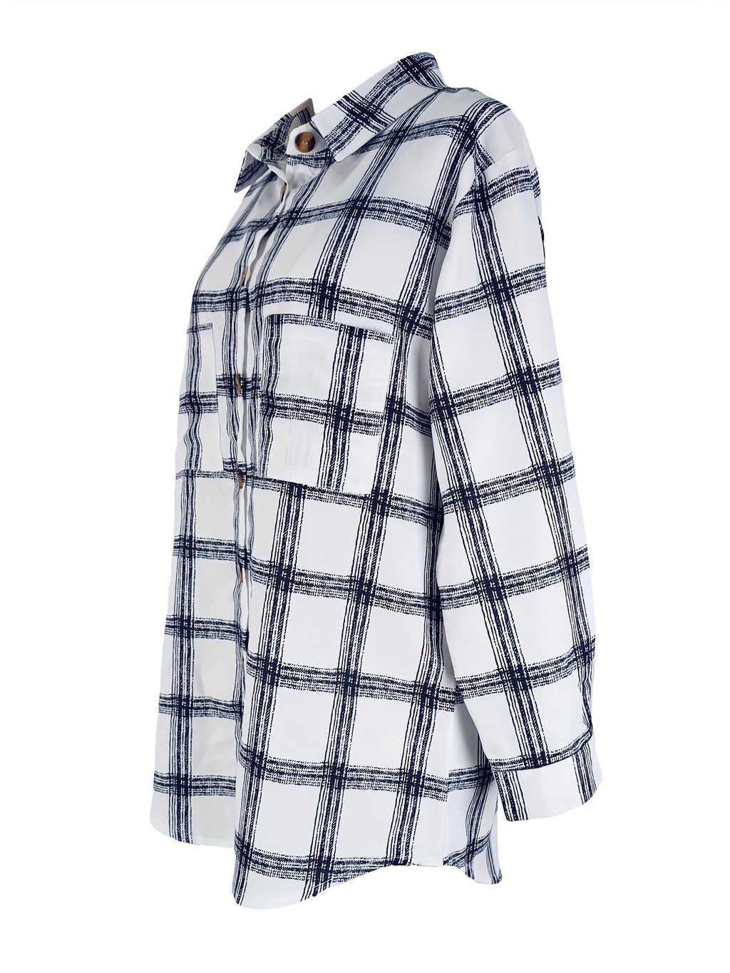 Fashion Women's Casual Plaid Random Print Turn- Collar Long Sleeve Pocket Loose Shirt Top - White