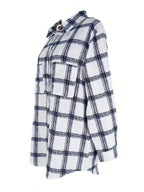 Fashion Women's Casual Plaid Random Print Turn- Collar Long Sleeve Pocket Loose Shirt Top - White