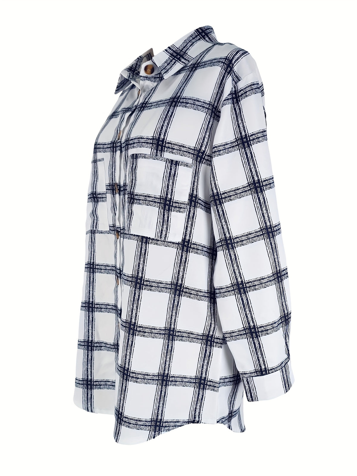 Fashion Women's Casual Plaid Random Print Turn- Collar Long Sleeve Pocket Loose Shirt Top - White