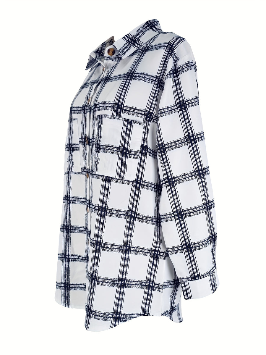 Fashion Women's Casual Plaid Random Print Turn- Collar Long Sleeve Pocket Loose Shirt Top - White