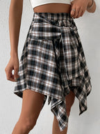 Checkered Print Casual High-Waisted Asymmetrical Hem Skirt - Grey
