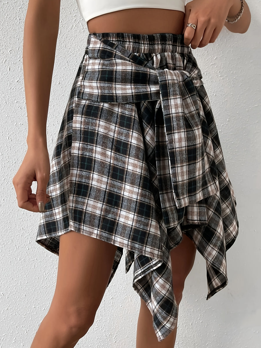 Checkered Print Casual High-Waisted Asymmetrical Hem Skirt - Grey