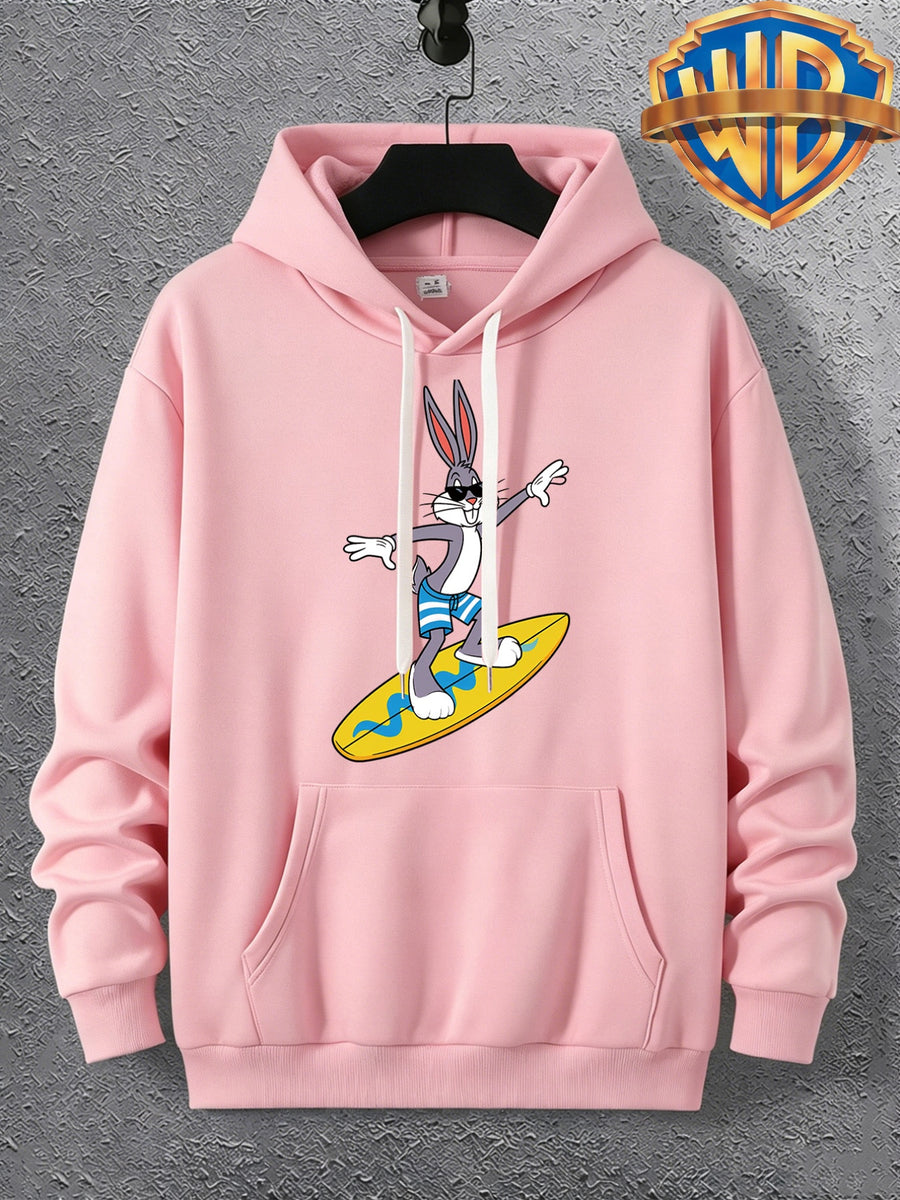 Warner Bros. Official Men's Autumn Hooded Sweatshirt, with Ribbed Cuffs, Breathable Polyester Fabric, Summer Beach Surfing Anime Print, Suitable for Casual and Sporty Outfits, Friend Gatherings, and Daily Shopping, Pocket Storage - pink