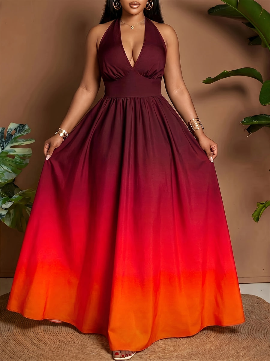 Women's Vacation Casual Halter Neck Printed V-Neck Cinched Waist Gradient Dress - Red