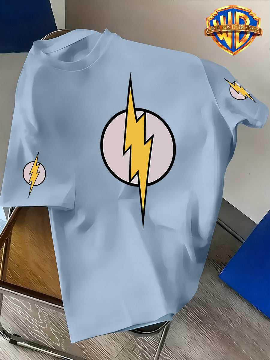 Warner Bros. Official Licensed DC Co-Branded The Flash Themed Printed T-Shirt, American Vintage Streetwear Washed Distressed Texture, Loose Fit Versatile Style, Suitable for Daily Outings and Outdoor Wear, Durable and Resistant to Deformation - Light Blue