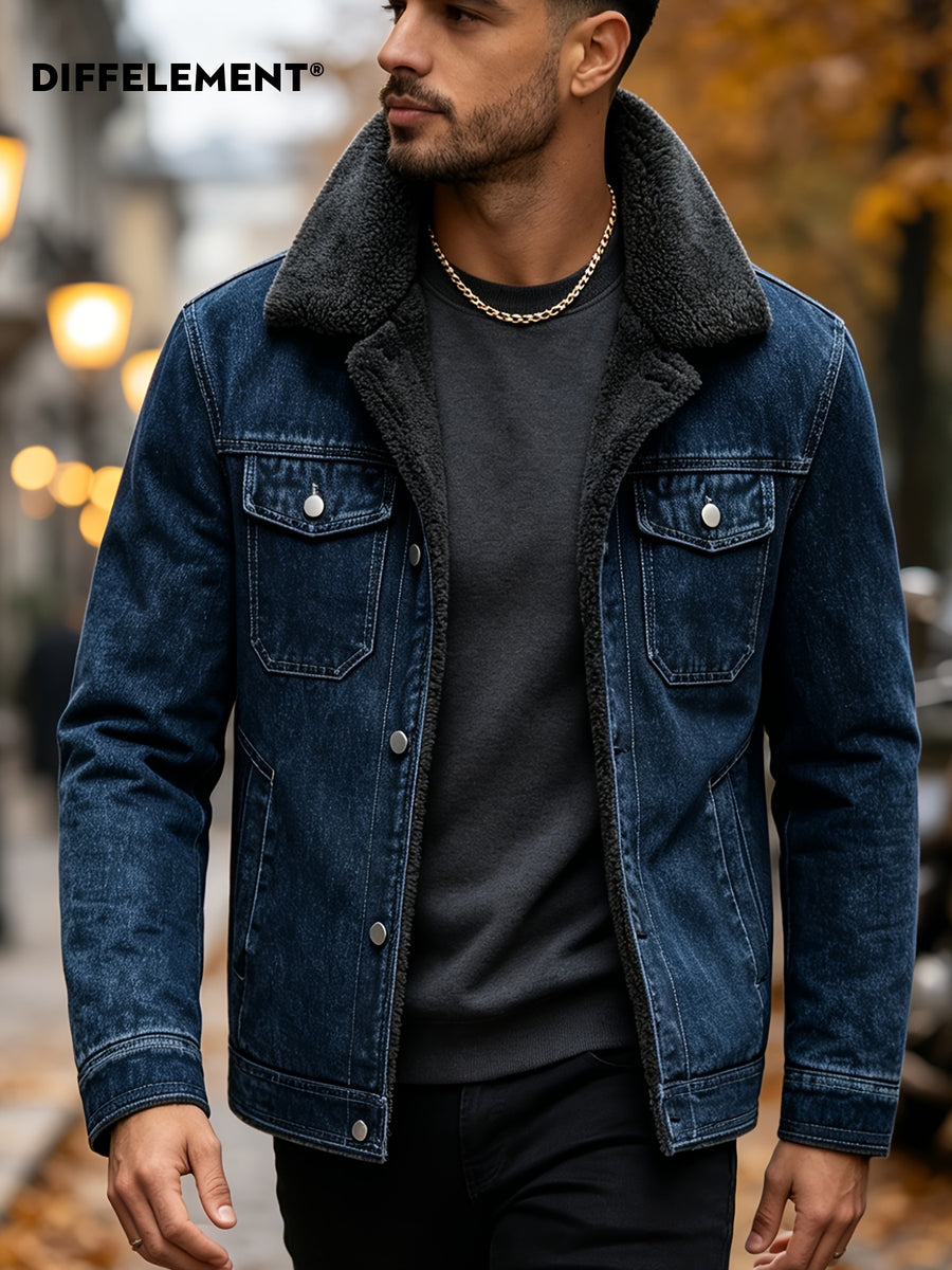 Men's Lapel Denim Jacket, Thickened for Warmth and Windproof, Vintage Versatile Style, Washed Denim Fabric with Fleece Lining and Topstitching, Casual Straight Cut Single-Breasted Lapel Design, for Autumn/Winter Daily Commuting and Streetwear - Blue