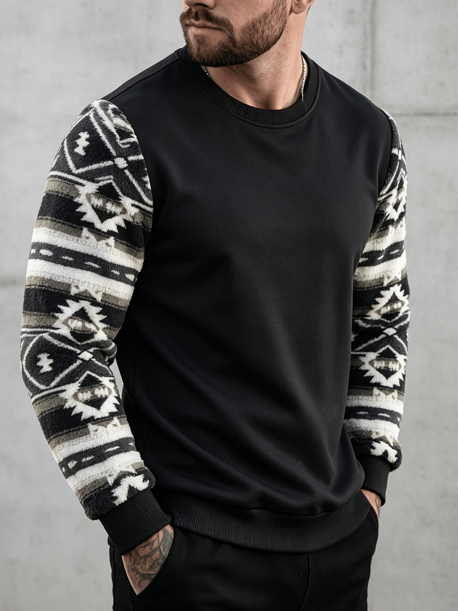 Men'S Autumn Winter Round Neck Plush Sweatshirt, Fashionable Color-Block Patchwork Design And Solid Color Style, Wrinkle-Resistant Soft Knit Fabric, Very Practical. Suitable for Students' Daily Wear on Campus, Outings, Dates, Commuting, Camping - Black