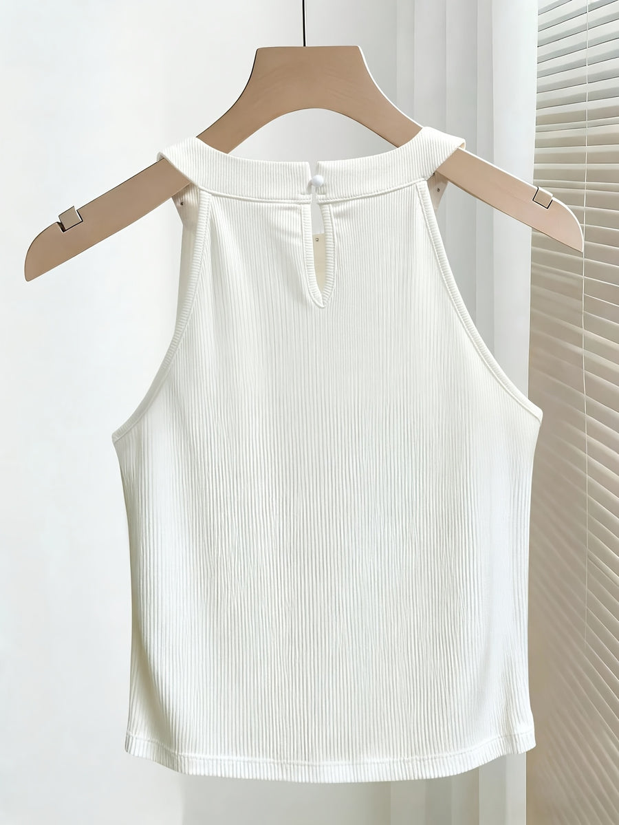 Women'S Tank Top And Camisole, French Summer Sexy Fitted Round Neck with Beading - White