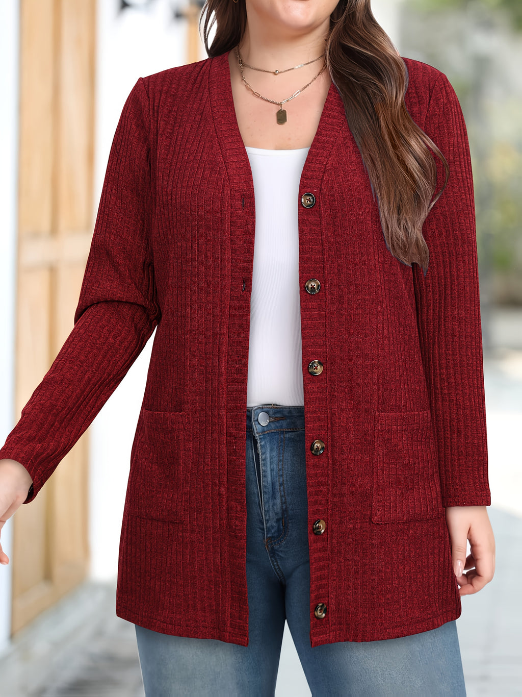 Women's Fashion Warm Cardigan with Pockets - Burgundy