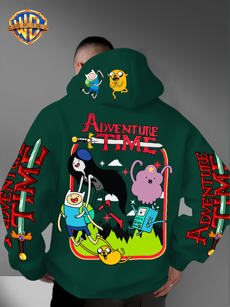 Warner Bros. Adventure Time Large Back Print, Hooded Sweatshirt with Hat Design Pattern, Multifunctional Street Style Men's Hoodie, Comfortable and Casual, Suitable for Autumn and Winter Wear - Green