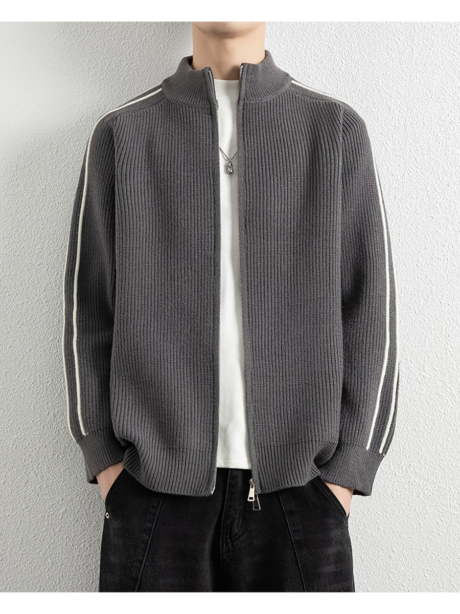 [Wading Whale OBM] Spring/Autumn New Men'S Knit Cardigan, Old Money Style Color-Block Striped Zipper Front Stand Collar Cardigan for Men, Business Casual Fashion Knitwear, Suitable for Spring, Autumn, Winter Layering Or Outerwear, Fits Daily Casual - Dark Gray