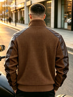 DIFFELEMENT Men's Casual Stand Collar Corduroy Jacket, Soft Waffle Fabric, Color Block Patchwork Design, Stand-Up Full Zipper Jacket, Wrinkle-Resistant with Ribbed Cuffs, Windproof, Lightweight and Warm Outerwear, Regular Fit, Suitable for Daily - Dark Brown
