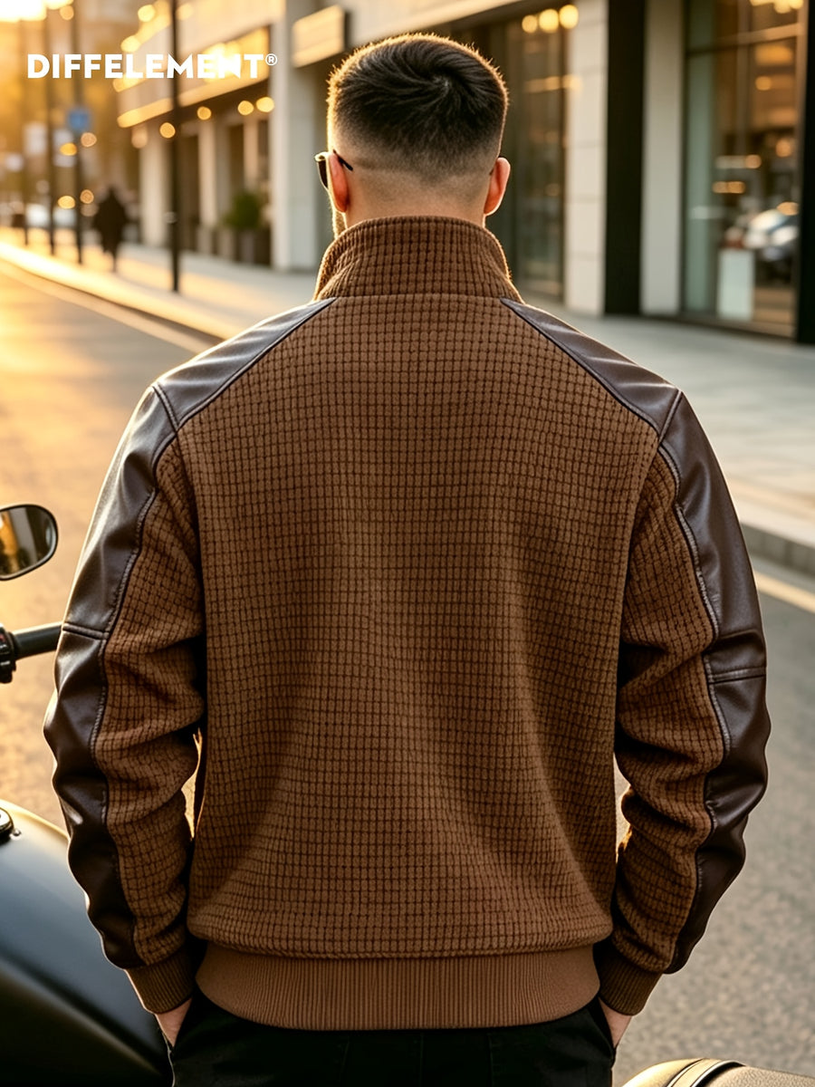 DIFFELEMENT Men's Casual Stand Collar Corduroy Jacket, Soft Waffle Fabric, Color Block Patchwork Design, Stand-Up Full Zipper Jacket, Wrinkle-Resistant with Ribbed Cuffs, Windproof, Lightweight and Warm Outerwear, Regular Fit, Suitable for Daily - Dark Brown