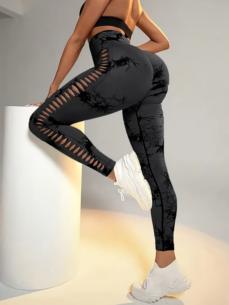 Women's High-Waist Seamless Hollow-Out Fashionable High-Stretch Yoga Pants for Fitness and Outdoor Sports - Dark Gray