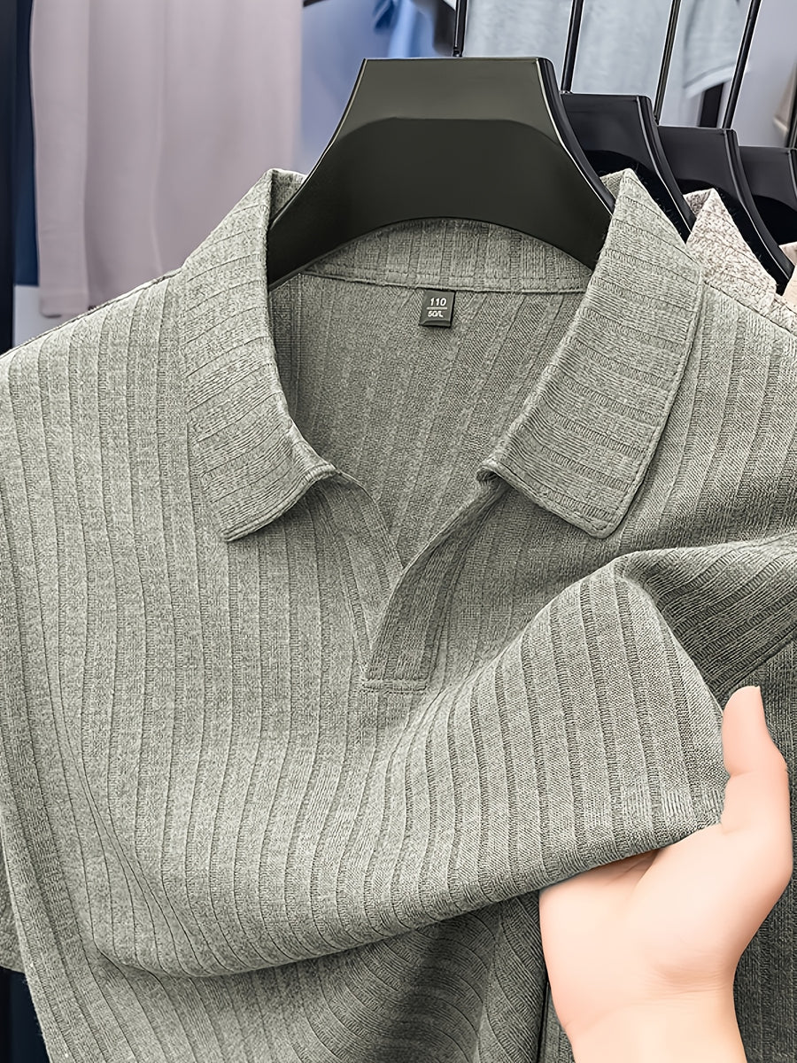 Old Money Aesthetic Vertical Ribbed Polo Sweater, Solid Color No-Button V-Neck Design, Commute Business/Casual Gathering Multi-Scene Short Sleeve Top, Light Athletic Non-Pick Body Men'S Top, Knit - Light Green