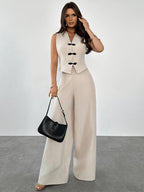 Women'S 2pcs Elegant Minimalist V-Neck Contrast Button Short Tank Top And High-Waist Wide-Leg Pants Set, Suitable for Daily Commute And Casual Wear, Graduation Gift, Teacher Outfit, Spring Summer Back-To - Apricot