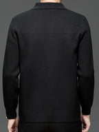 Du Jing Lan OBM Spring/Autumn New Arrival Men's Knitted Cardigan, Old Money Style Solid Color Striped Zipper Front Lapel Knit Cardigan, Men's Business Casual Fashion Zipper Front Knit Cardigan Top, Suitable for Spring, Autumn, and Winter - Black
