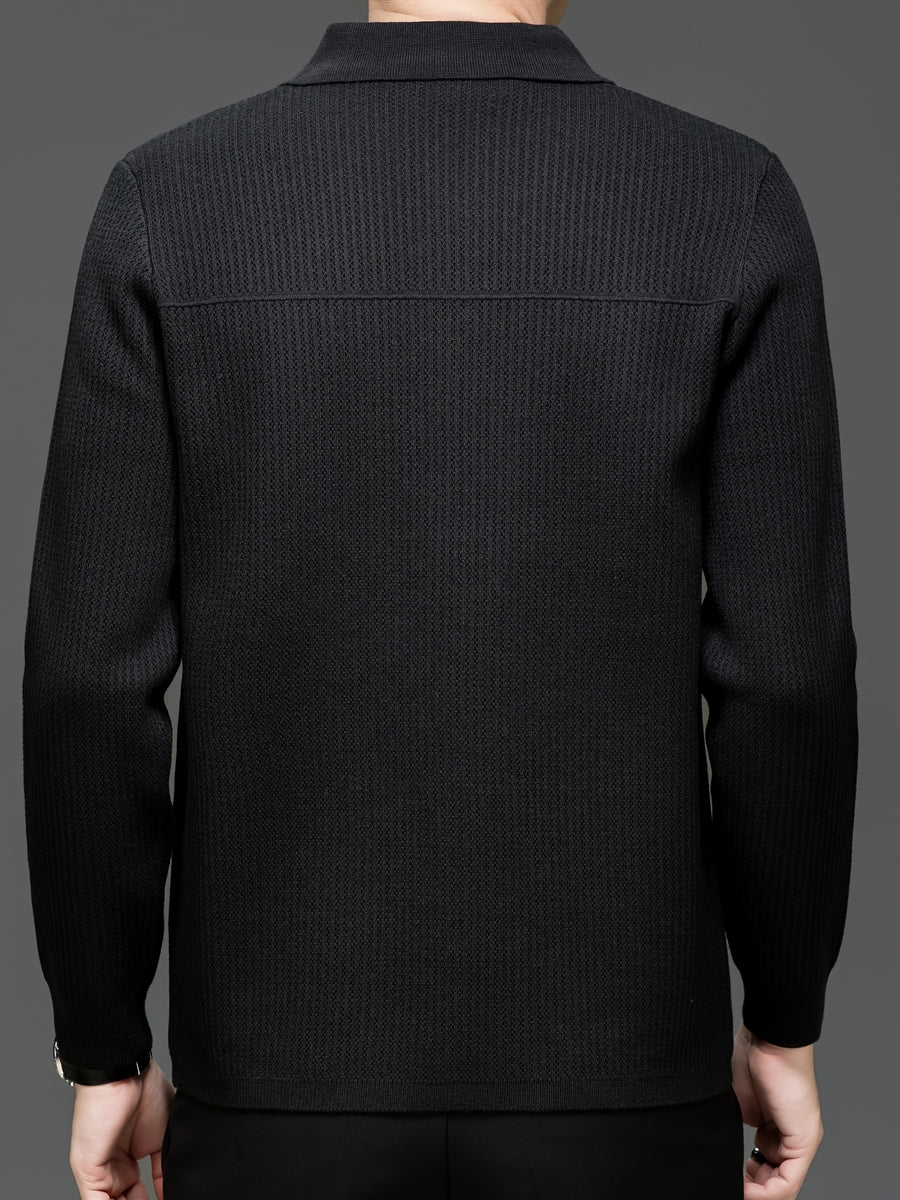 Du Jing Lan OBM Spring/Autumn New Arrival Men's Knitted Cardigan, Old Money Style Solid Color Striped Zipper Front Lapel Knit Cardigan, Men's Business Casual Fashion Zipper Front Knit Cardigan Top, Suitable for Spring, Autumn, and Winter - Black