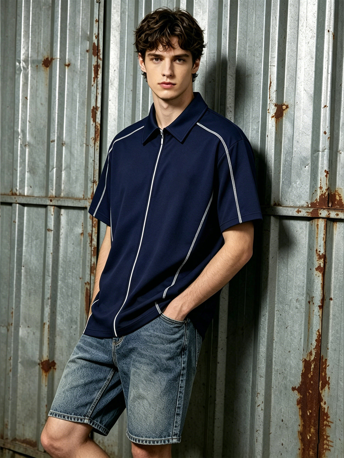 1 Men's Loose Fit Drop Shoulder Full-Zip Contrast Stitching Short Sleeve Polo Shirt, Breathable Ultra-Lightweight Quick-Dry Casual Zip-Up T-Shirt, Wear-Resistant Anti-Pilling Loose Functional Short Sleeve, Suitable for Outdoor Leisure, Outings - Navy Color