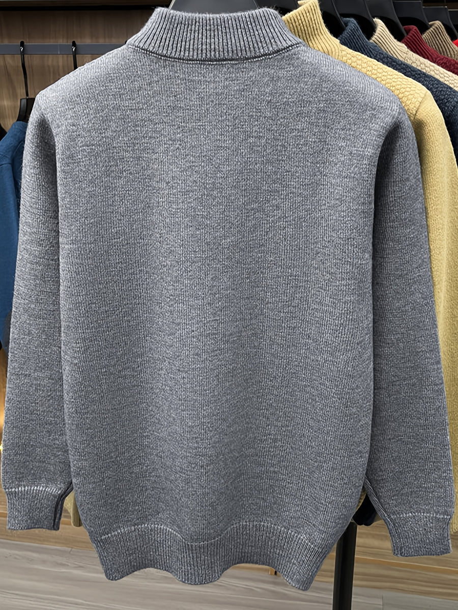 Men'S Thickened Semi-Open Zipper Stand Collar Knit Sweater, Ribbed Cuffs And Hem, Autumn/Winter Style, Single Wear And Layering, Light Mature Business Casual Style - 【Light Grey】