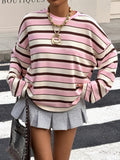 Western Women'S Spring Autumn Round Neck Full Body Printed Colored Stripes Loose Casual Athletic Long Sleeve T-Shirt - Mixed colors