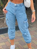 Women'S Elastic Vintage All-Match Casual Fashion Elegant Mid-Rise Machine Washable Durable Multi-Functional Loose Multi-Pocket Tapered Cargo Denim Long Pants Street Trendy Style - Bright Steel Blue