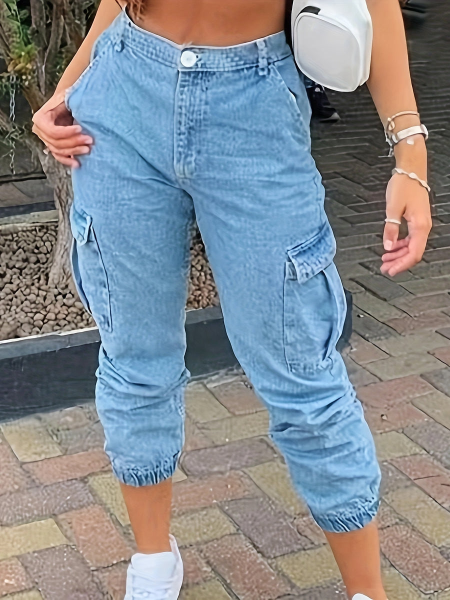 Women'S Elastic Vintage All-Match Casual Fashion Elegant Mid-Rise Machine Washable Durable Multi-Functional Loose Multi-Pocket Tapered Cargo Denim Long Pants Street Trendy Style - Bright Steel Blue