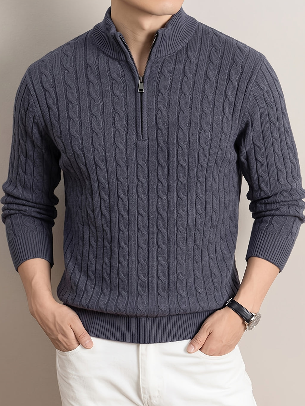 Men'S Half-Zip Jacquard Knit Sweater, Retro Luxury, Breaking The Monotony of Middle-Aged Sweaters, Suitable for Business Casual - SINBOS - Dark Gray