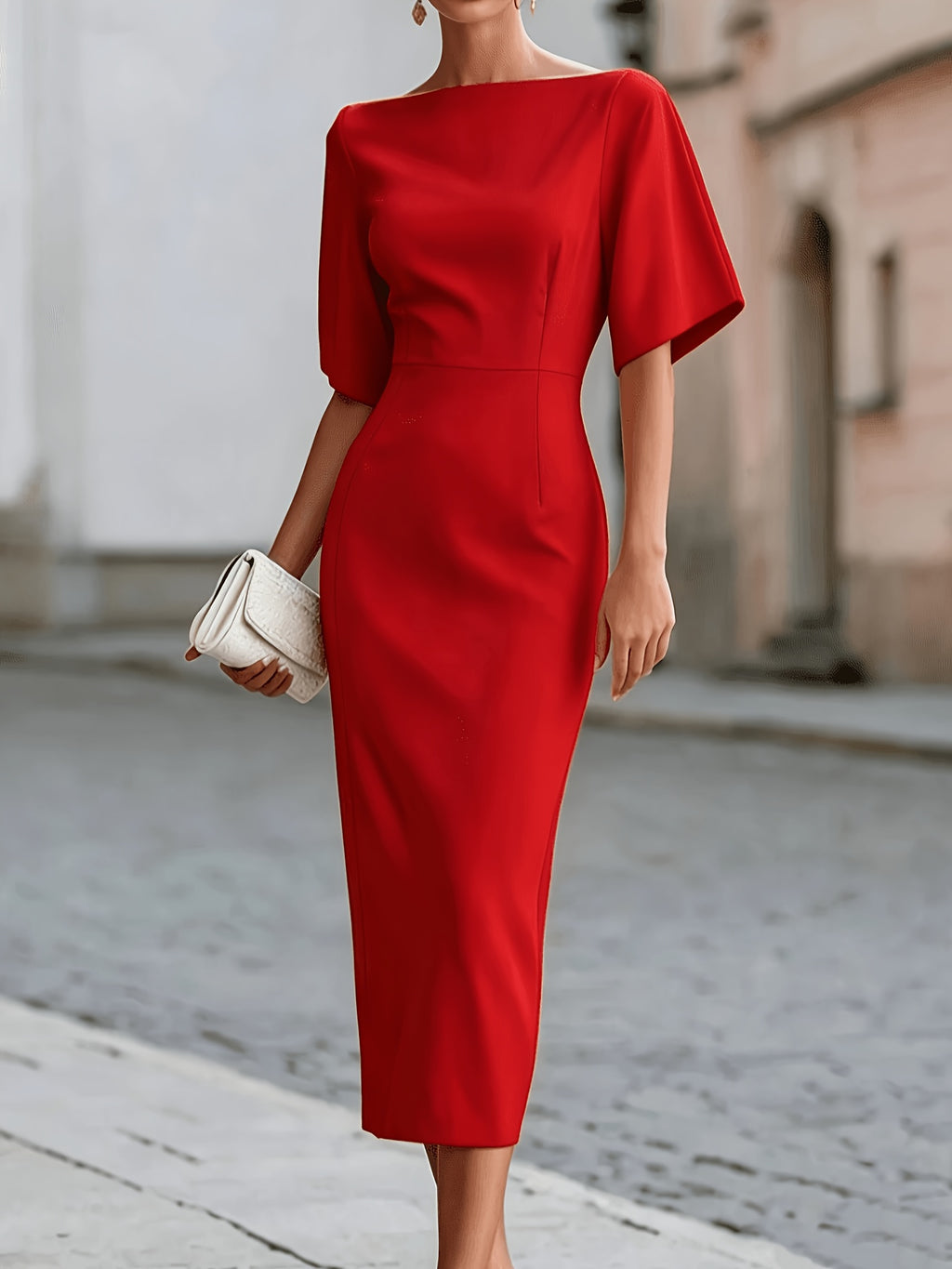ST26037 Elegant Temperament Waist Mid-Length Dress for Women - Red