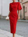 ST26037 Elegant Temperament Waist Mid-Length Dress for Women - Red