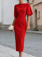 ST26037 Elegant Temperament Waist Mid-Length Dress for Women - Red