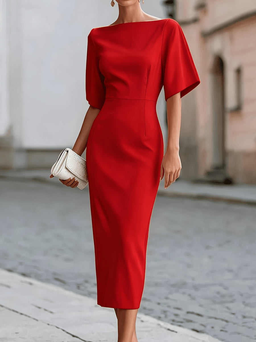 ST26037 Elegant Temperament Waist Mid-Length Dress for Women - Red