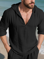 Men's Casual Vacation Style Half-Zip Hoodie, Lightweight and Breathable Material, for Outdoor Streetwear and Beachside Leisure Wear - Black