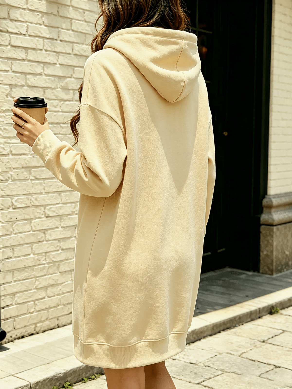 Letter Print Hooded Sweatshirt Dress Women'S Oversize Loose Mid-Length Three-Bar Sweatshirt Dress Autumn And Winter Casual Versatile Style - Apricot
