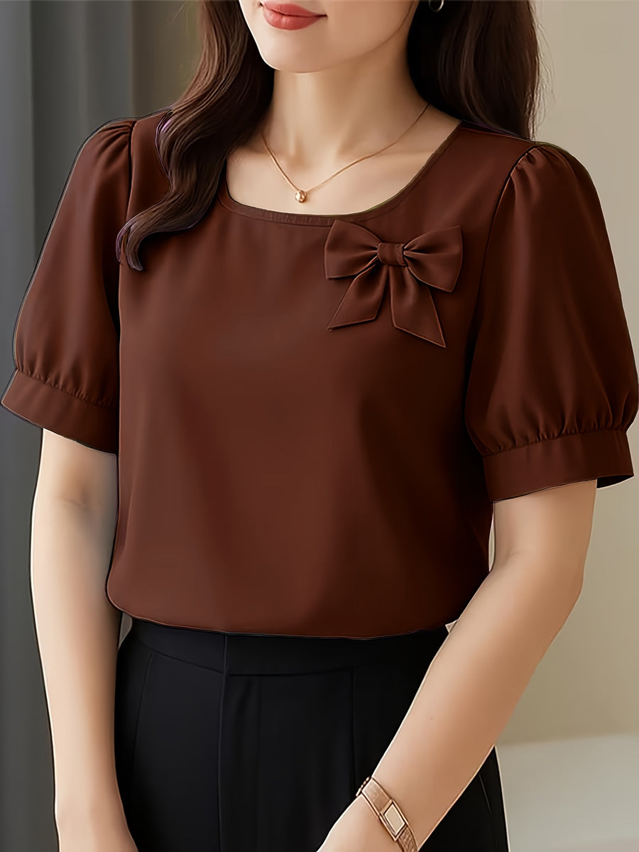 Elegant Casual Square Neck Short Sleeve Shirt with Bow and Puff Sleeves, Solid Color Top - Dark Brown