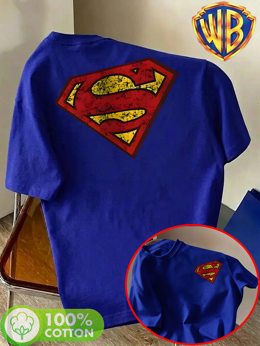 Unisex Summer Loose Round Neck Short Sleeve T-Shirt, Suitable for Daily Commute, Street Outings, City Travel, Friend Gatherings, And Casual Wear, Large Area Distressed Cracked Superman Classic S Logo Artistic Print on Back - Royal Blue