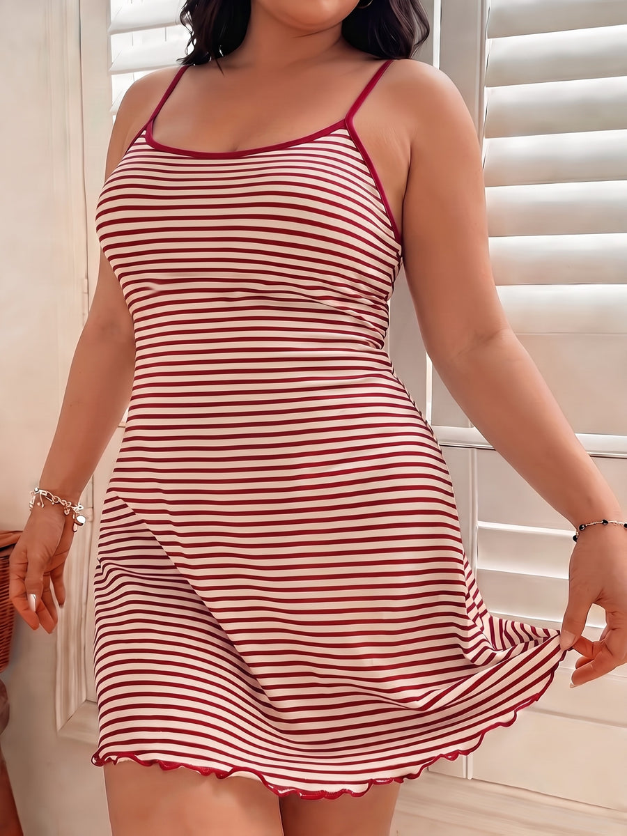 Plus Size Casual Striped Camisole Dress with Ruffle Trim, Round Neck Backless Cami Nightgown, Plus Size Nightdress, Plus Size Loungewear - Burgundy