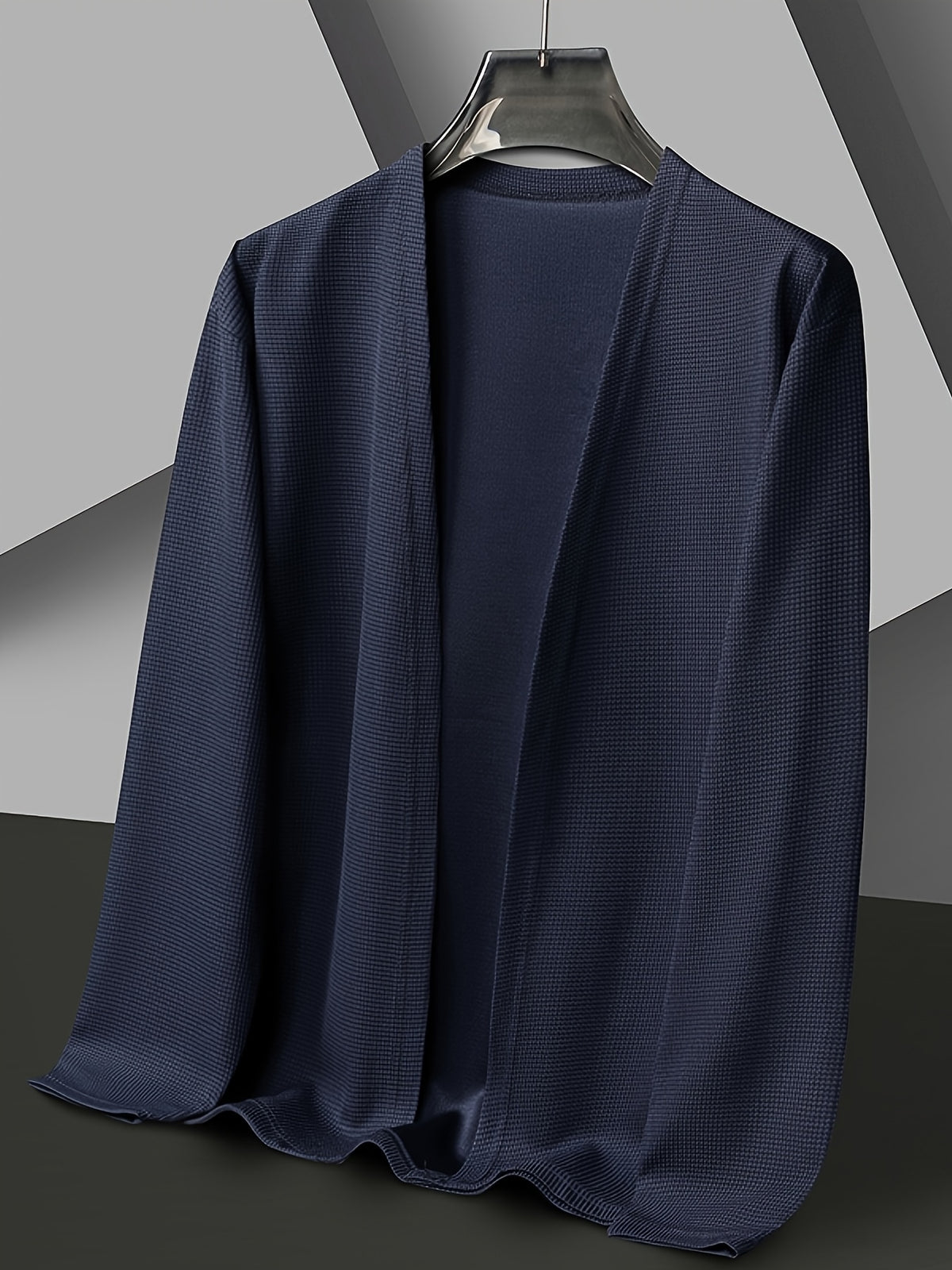 Popular Men's Waffle Knit V-Neck Cardigan, Spring/Autumn Business Casual Buttonless Outerwear, Breathable and Comfortable Knit Sweater, Slimming and Elegant Men's Outerwear, Solid Color Simple and Versatile Top, Soft, Skin-Friendly - Navy Color