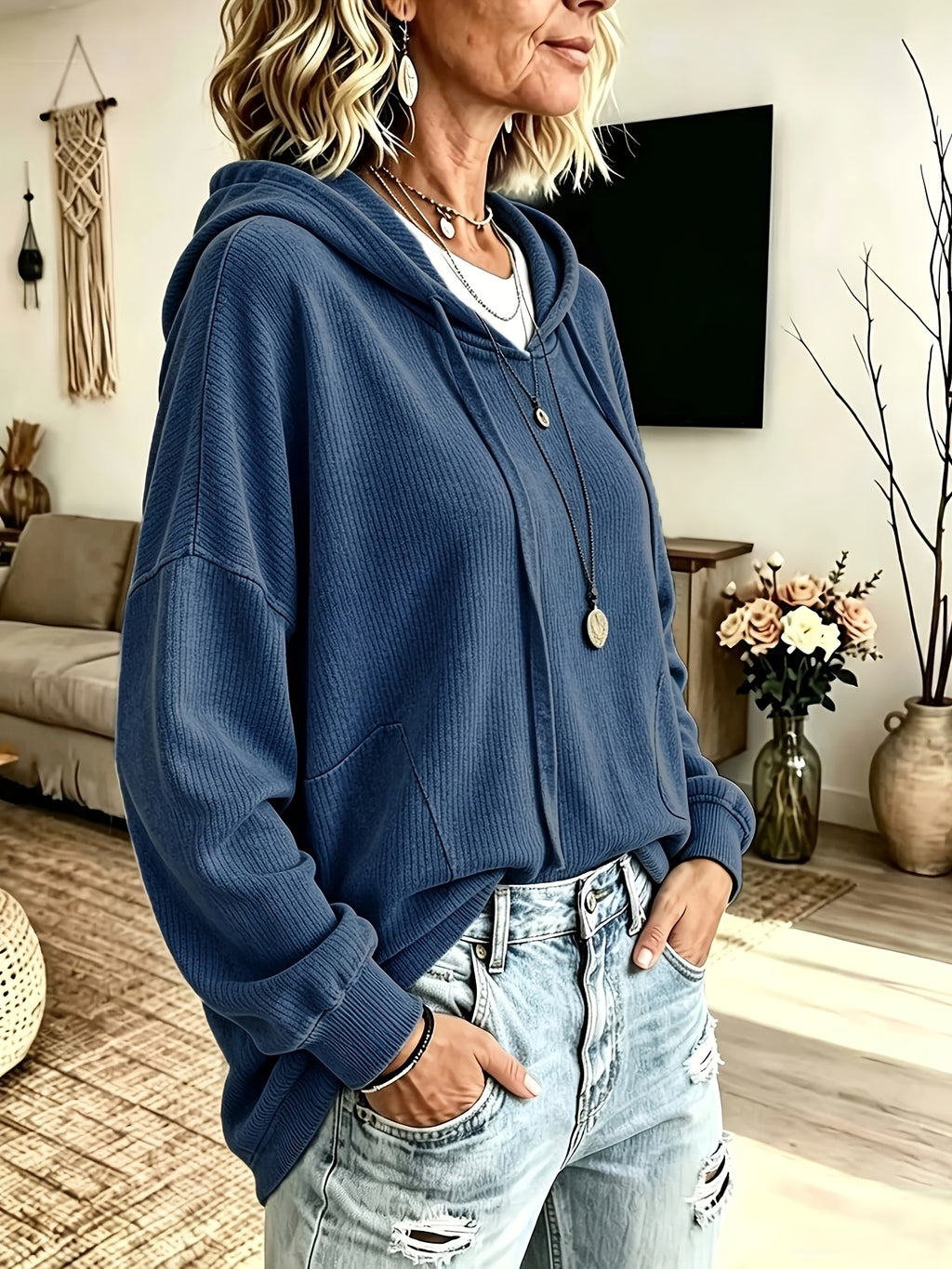 Plus Size - Western New Autumn Winter Solid Color Lapel Long Sleeve Pocket Drawstring Hooded Sweatshirt - Blue