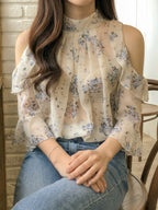 Spring Summer New Women'S Fashion Floral Fresh Style Off-Shoulder Long Sleeve Top - White