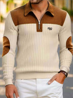 Men'S Contrast Half-Zipper Polo, with Brown Patchwork, Bi-Color Design Men'S Long Sleeve - Apricot