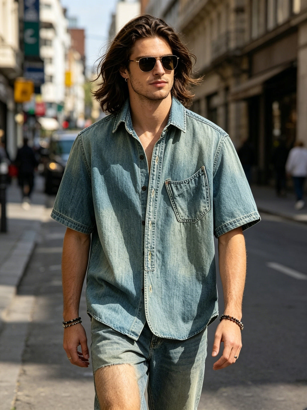 Men'S Vintage Washed Denim Short Sleeve Shirt, Casual Loose Fit Button- Top, Streetwear Style - Vintage Blue