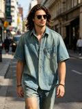 Men'S Vintage Washed Denim Short Sleeve Shirt, Casual Loose Fit Button- Top, Streetwear Style - Vintage Blue